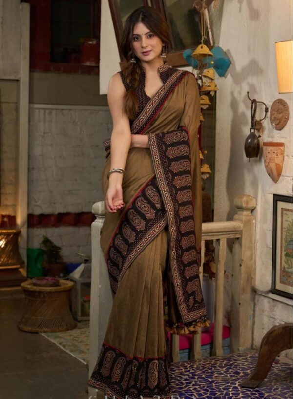 Timeless Brown Handcrafted Ajrakh Saree with Traditional Block Prints