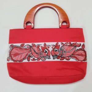 Handcrafted Red Silk Handle Bag with Wooden Grips & Artistic Detailing