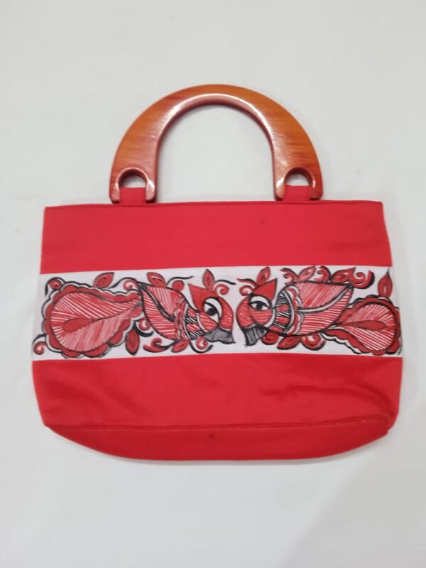 Handcrafted Red Silk Handle Bag with Wooden Grips & Artistic Detailing