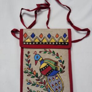 Earthy Handcrafted Jute Mobile Pouch with Dual-Side Art – Peacock & Fish Designs