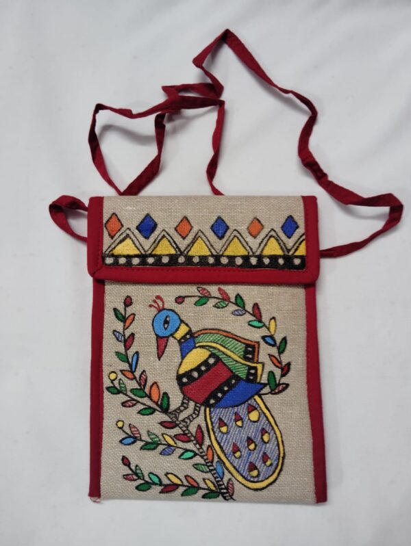 Earthy Handcrafted Jute Mobile Pouch with Dual-Side Art – Peacock & Fish Designs