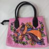 Handcrafted Pink Silk-Leather Handbag with Vibrant Hand-Painted Bird & Floral Motif