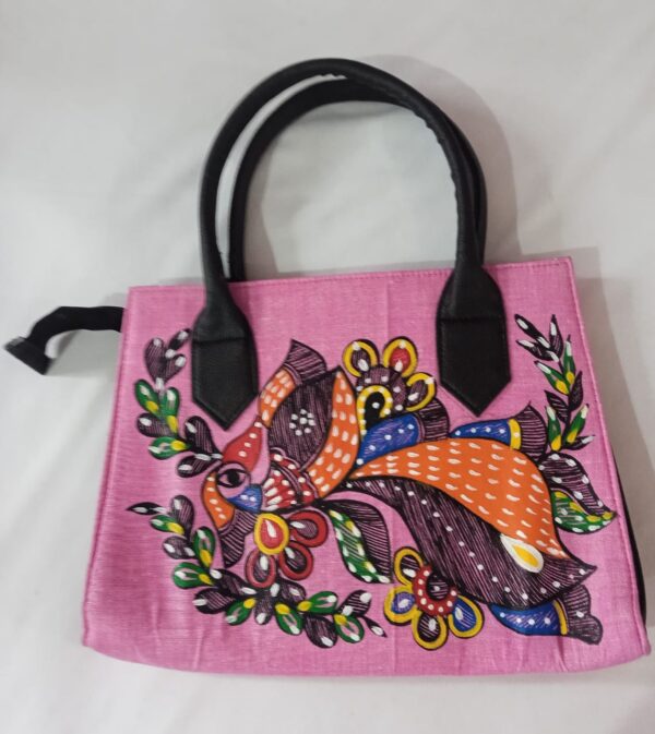 Handcrafted Pink Silk-Leather Handbag with Vibrant Hand-Painted Bird & Floral Motif