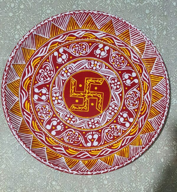Handcrafted Steel Plate with Traditional Aipan Art & Swastik Motif – Red, White & Yellow