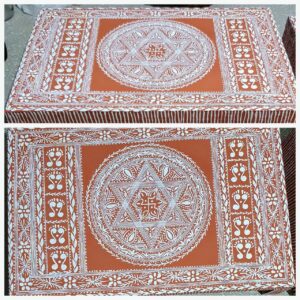 Handcrafted Aipan Art Lakshmi Chowki on Wooden Base – Geru & White Design