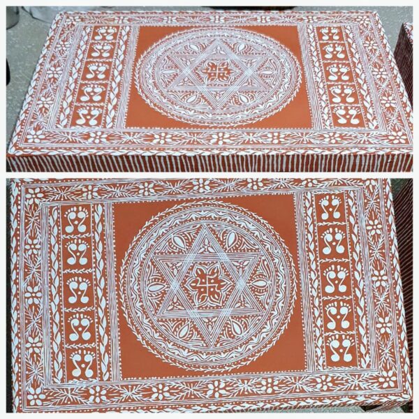 Handcrafted Aipan Art Lakshmi Chowki on Wooden Base – Geru & White Design