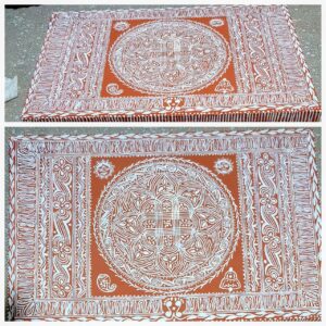 Traditional Geru & White Aipan Art Pooja Chowki – Handcrafted on Wooden Base