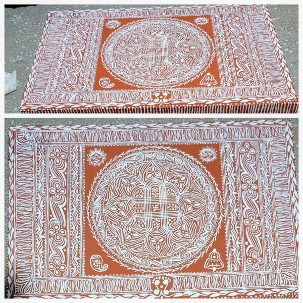 Traditional Geru & White Aipan Art Pooja Chowki – Handcrafted on Wooden Base