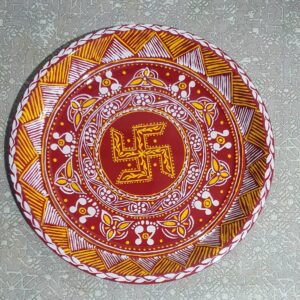 Traditional Aipan Art Pooja Plate with Central Swastik – Handcrafted in Red, White & Yellow Oil Colors