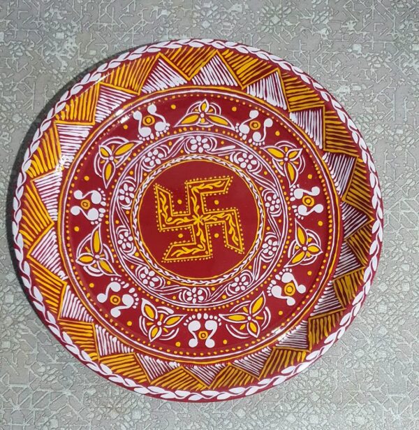 Traditional Aipan Art Steel Plate with Central Swastik – Handcrafted in Red, White & Yellow Oil Colors