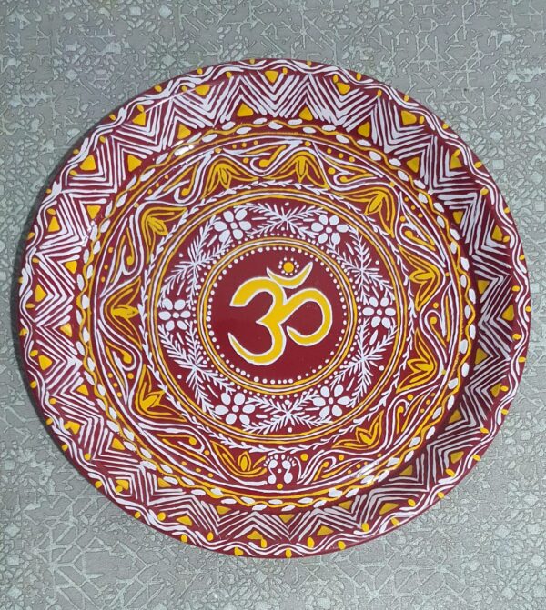 Hand-Painted Steel Plate with Om Symbol | Traditional Uttarakhand Aipan Art (11 Inch, Oil Colors)