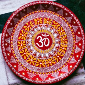 Handcrafted Aipan Art Pooja Thali with Om Design – 13 Inch Steel Plate