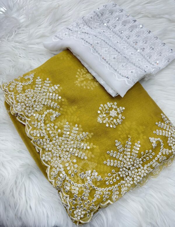 Elegant Moss Green Silk Saree with Hand Embroidery & Pearl Handwork | Designer Embroidered Blouse Piece