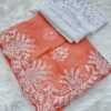 Premium Coral Silk Saree with Hand Embroidery & Pearl Handwork | Designer Embroidered Blouse Piece