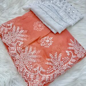 Premium Coral Silk Saree with Hand Embroidery & Pearl Handwork | Designer Embroidered Blouse Piece