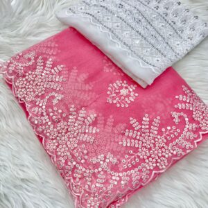 Stunning Hot Pink Silk Saree with Hand Embroidery & Pearl Handwork | Designer Embroidered Blouse Piece