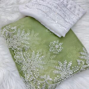 Graceful Sage Green Silk Saree with Hand Embroidery & Pearl Handwork | Designer Embroidered Blouse Piece