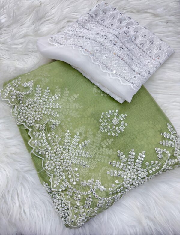 Graceful Sage Green Silk Saree with Hand Embroidery & Pearl Handwork | Designer Embroidered Blouse Piece