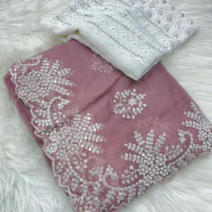 Elegant Mauve Silk Saree with Hand Embroidery & Pearl Handwork | Designer Embroidered Blouse Piece