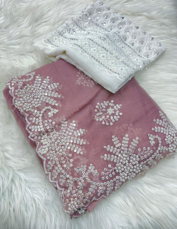 Elegant Mauve Silk Saree with Hand Embroidery & Pearl Handwork | Designer Embroidered Blouse Piece