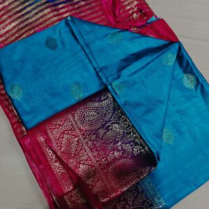 Handwoven Pure Matka Tussar Silk Saree in Peacock Blue with Pink & Zari Border (With Blouse Piece)