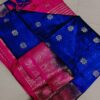 Handwoven Pure Matka Tussar Silk Saree in Royal Blue with Pink Zari Border & Pallu (With Blouse Piece)