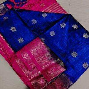Handwoven Pure Matka Tussar Silk Saree in Royal Blue with Pink Zari Border & Pallu (With Blouse Piece)