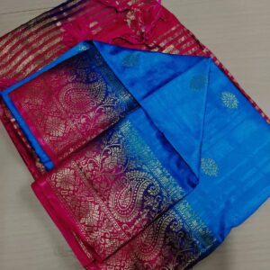 Handwoven Pure Matka Tussar Silk Saree in Sky Blue with Pink Zari Border & Paisley Pallu (With Blouse Piece)