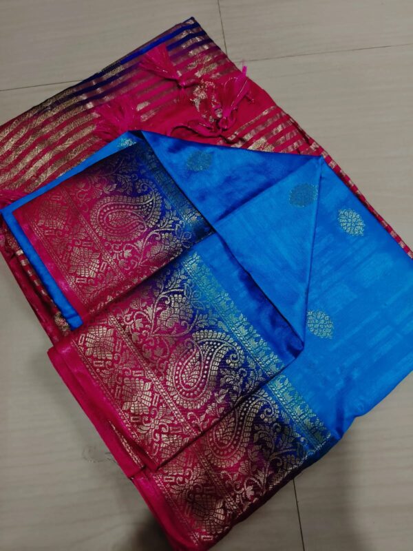Handwoven Pure Matka Tussar Silk Saree in Sky Blue with Pink Zari Border & Paisley Pallu (With Blouse Piece)