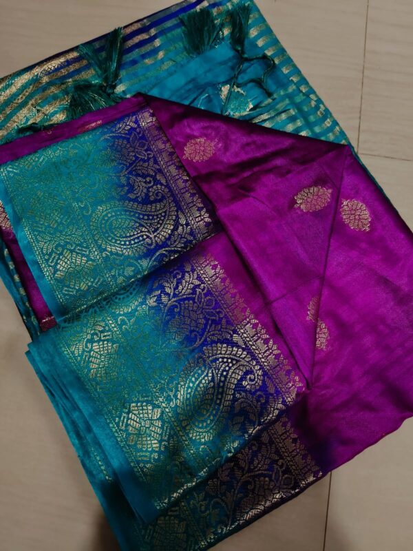 Handwoven Pure Matka Tussar Silk Saree in Royal Purple with Teal Zari Border & Paisley Pallu (With Blouse Piece)