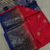 Handwoven Pure Matka Tussar Silk Saree in Crimson Red with Royal Blue Zari Border & Striped Pallu (With Blouse Piece)