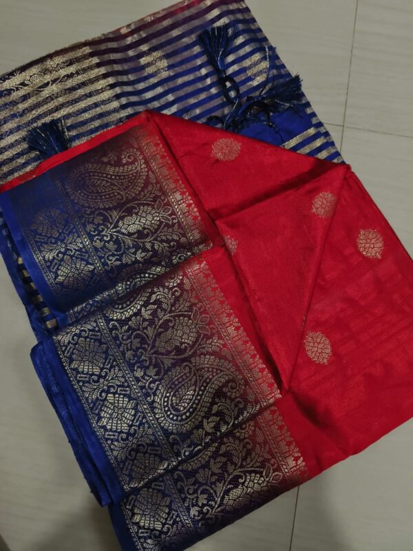 Handwoven Pure Matka Tussar Silk Saree in Crimson Red with Royal Blue Zari Border & Striped Pallu (With Blouse Piece)