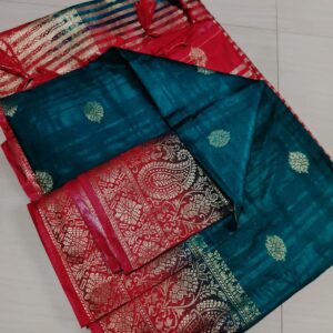 Handwoven Pure Matka Tussar Silk Saree in Teal Green with Crimson Red Zari Border & Striped Pallu (With Blouse Piece)
