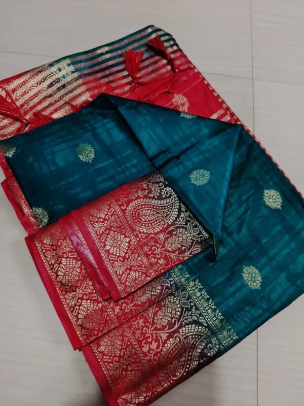 Handwoven Pure Matka Tussar Silk Saree in Teal Green with Crimson Red Zari Border & Striped Pallu (With Blouse Piece)