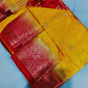 Handwoven Pure Matka Tussar Silk Saree in Golden Yellow with Red Zari Border & Pallu (With Blouse Piece)