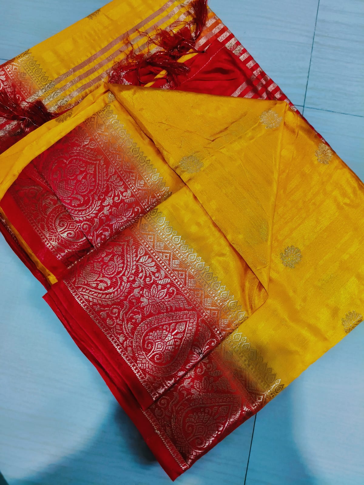 Handwoven Pure Matka Tussar Silk Saree in Golden Yellow with Red Zari Border & Pallu (With Blouse Piece)