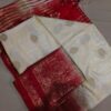 Handwoven Pure Matka Tussar Silk Saree in Ivory White with Crimson Red Zari Border & Striped Pallu (With Blouse Piece)
