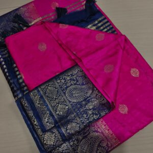 Handwoven Pure Matka Tussar Silk Saree in Rani Pink with Royal Blue Zari Border & Striped Pallu (With Blouse Piece)