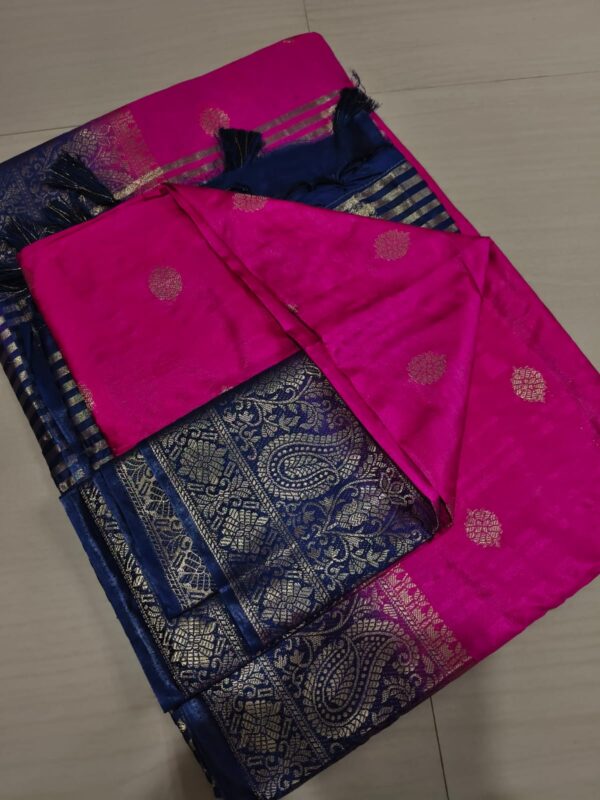 Handwoven Pure Matka Tussar Silk Saree in Rani Pink with Royal Blue Zari Border & Striped Pallu (With Blouse Piece)