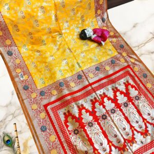 Handcrafted Yellow & Red Puri Gazzi Satin Saree with Intricate Zari Weaving & Blouse Piece
