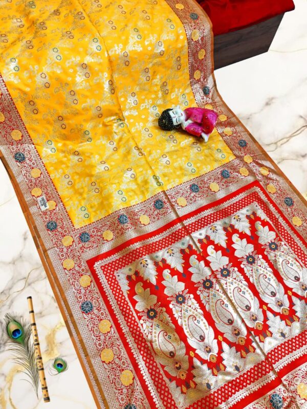 Handcrafted Yellow & Red Puri Gazzi Satin Saree with Intricate Zari Weaving & Blouse Piece