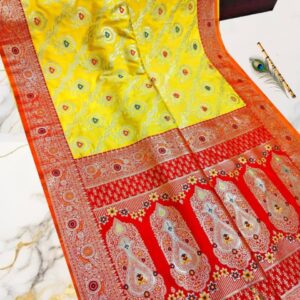 Radiant Yellow & Red Handwoven Puri Gazzi Satin Saree with Traditional Zari Pallu & Blouse Piece