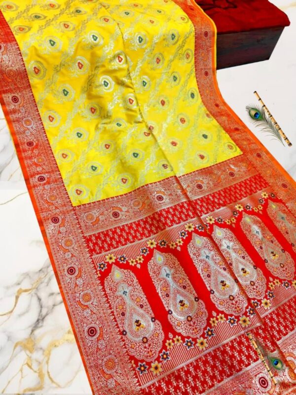 Radiant Yellow & Red Handwoven Puri Gazzi Satin Saree with Traditional Zari Pallu & Blouse Piece