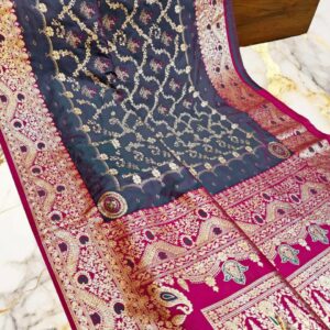 Handcrafted Navy Blue & Magenta Puri Gazzi Satin Saree with Golden Zari Peacock Pallu & Blouse Piece