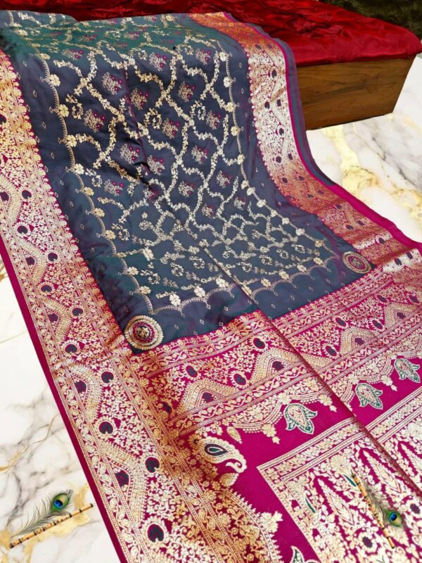 Handcrafted Navy Blue & Magenta Puri Gazzi Satin Saree with Golden Zari Peacock Pallu & Blouse Piece