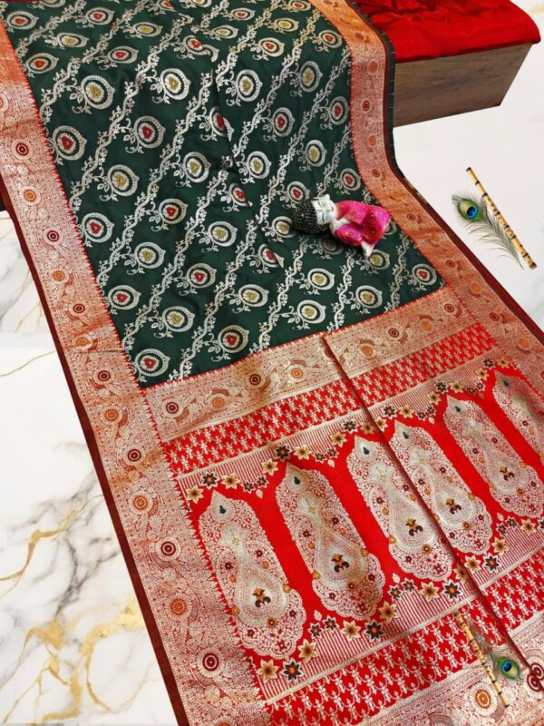 Handcrafted Dark Green & Red Puri Gazzi Satin Saree with Royal Zari Paisley Pallu & Blouse Piece
