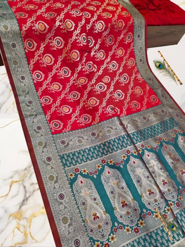 Handcrafted Red & Teal Puri Gazzi Satin Saree with Silver Zari Paisley Pallu & Blouse Piece