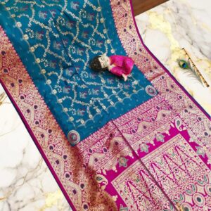 Handcrafted Puri Gazzi Satin Saree in Teal & Magenta with Golden Zari Weaving and Blouse Piece