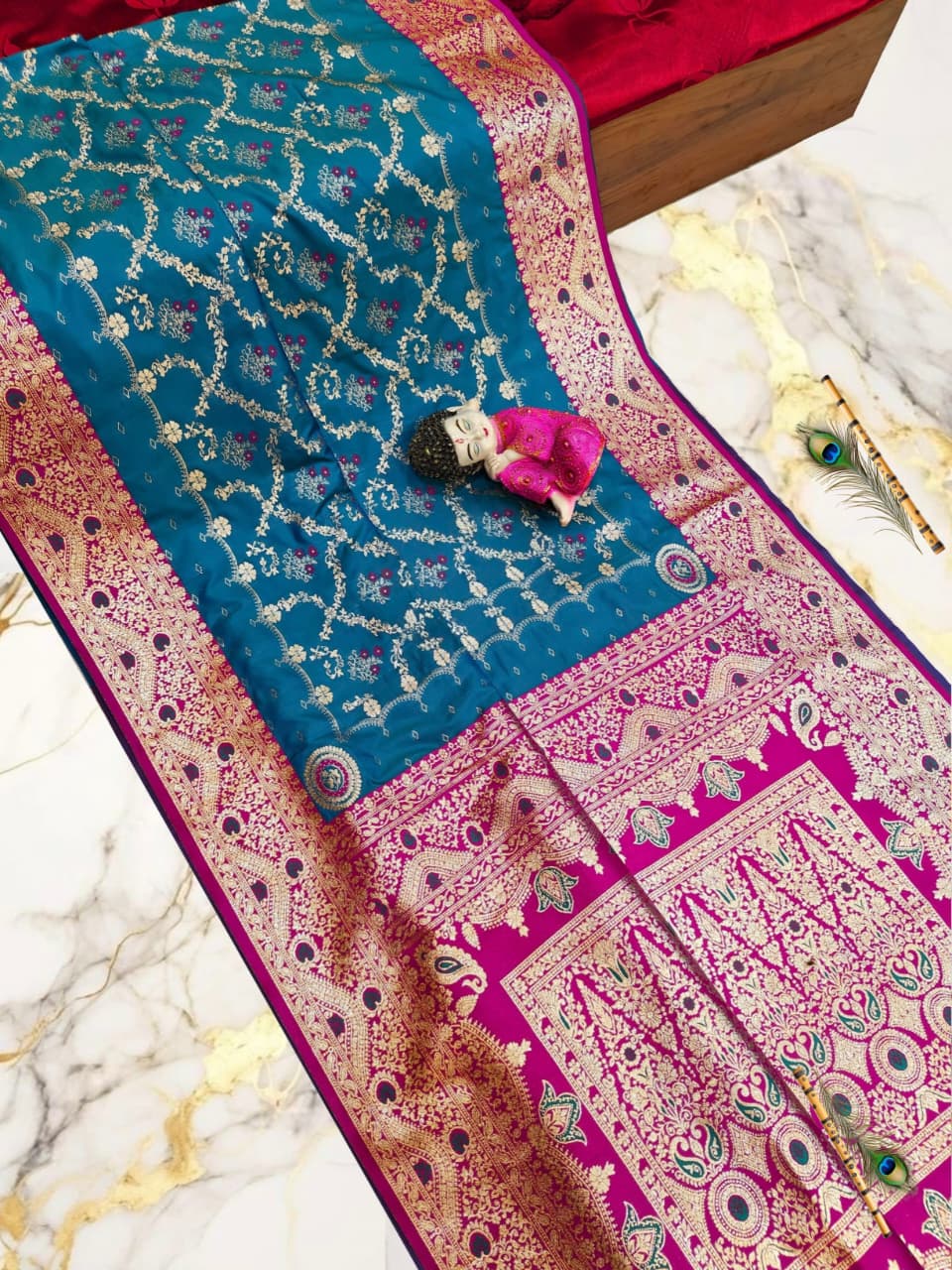 Handcrafted Puri Gazzi Satin Saree in Teal & Magenta with Golden Zari Weaving and Blouse Piece