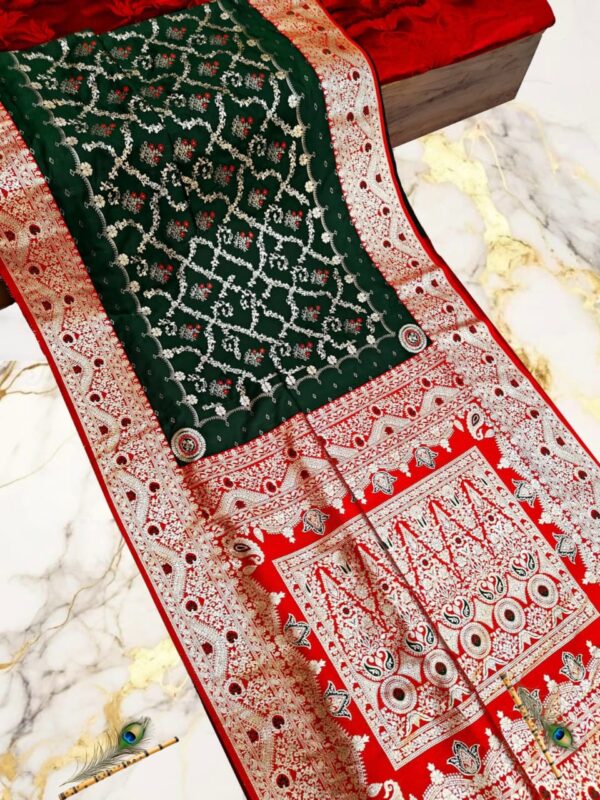 Handcrafted Puri Gazzi Satin Saree in Forest Green & Crimson Red with Golden Zari Weaving and Blouse Piece